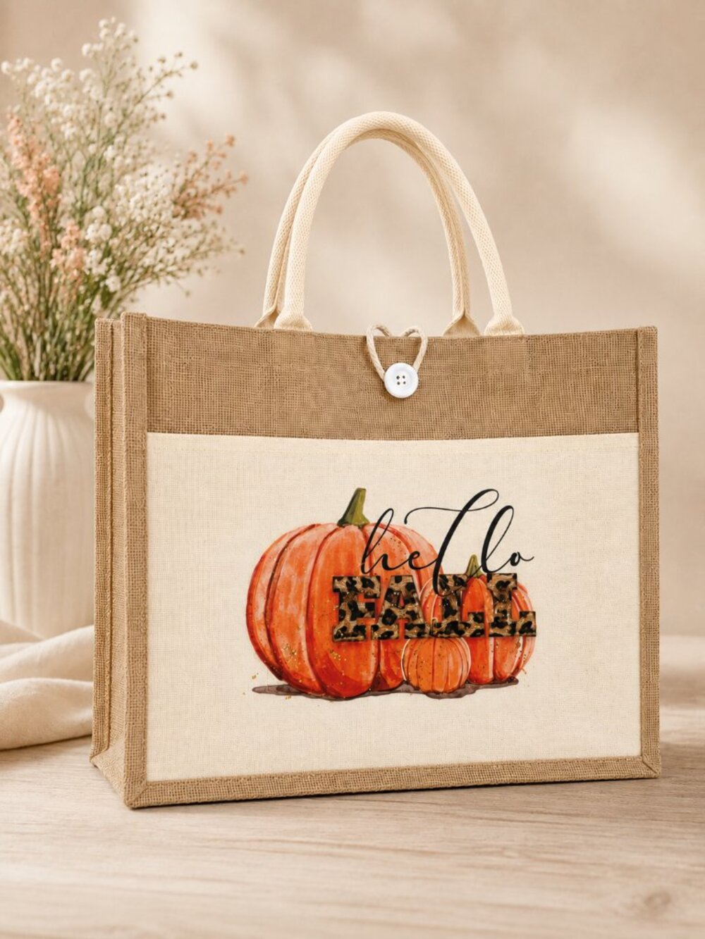 Hello Fall Pumpkin Jute Tote Bag | Large Autumn Shopping Bag